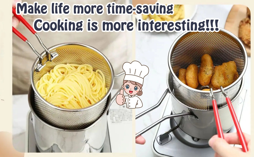 Deep Frying Strainer and Oil Basket With Fryer Tong Stainless Steel Deep Fryer, French Fries Basket, Fry Pan, Food Strainer Colander, Mini Mesh Pot (1200ml)