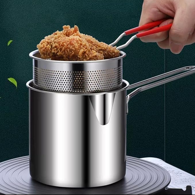 Deep Frying Strainer and Oil Basket With Fryer Tong Stainless Steel Deep Fryer, French Fries Basket, Fry Pan, Food Strainer Colander, Mini Mesh Pot (1200ml)