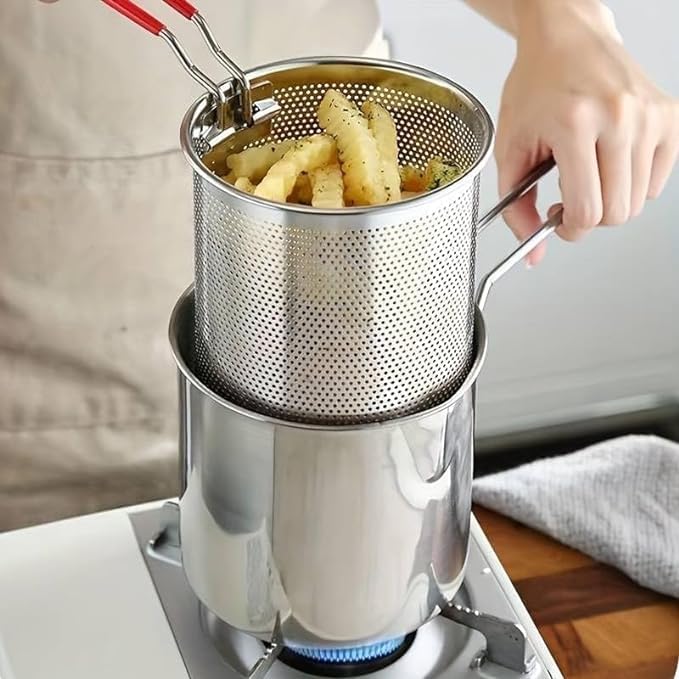 Deep Frying Strainer and Oil Basket With Fryer Tong Stainless Steel Deep Fryer, French Fries Basket, Fry Pan, Food Strainer Colander, Mini Mesh Pot (1200ml)