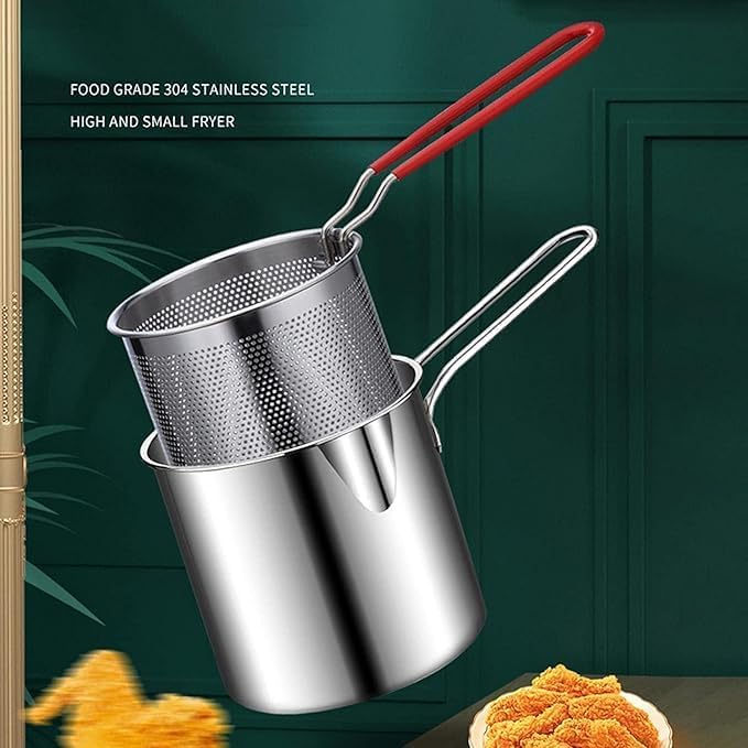 Deep Frying Strainer and Oil Basket With Fryer Tong Stainless Steel Deep Fryer, French Fries Basket, Fry Pan, Food Strainer Colander, Mini Mesh Pot (1200ml)