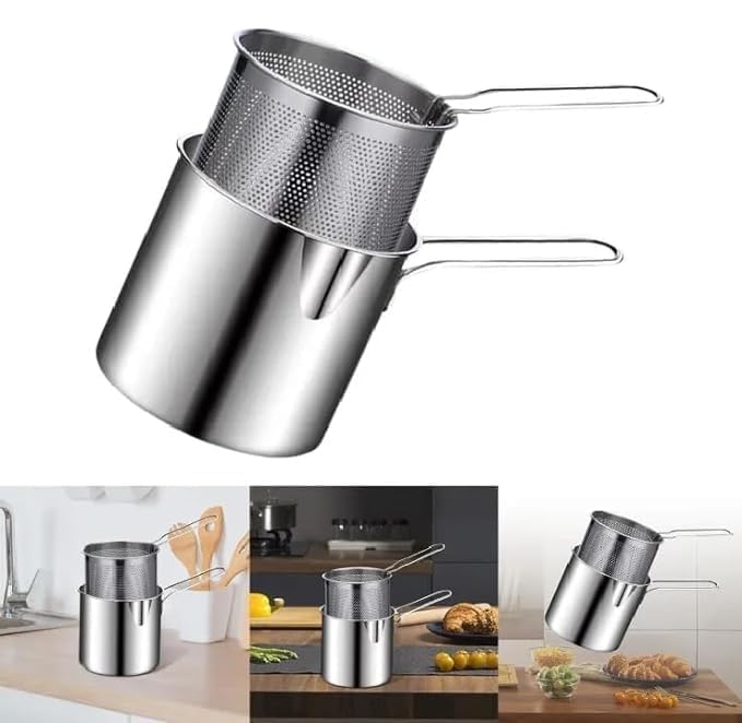 Deep Frying Strainer and Oil Basket With Fryer Tong Stainless Steel Deep Fryer, French Fries Basket, Fry Pan, Food Strainer Colander, Mini Mesh Pot (1200ml)