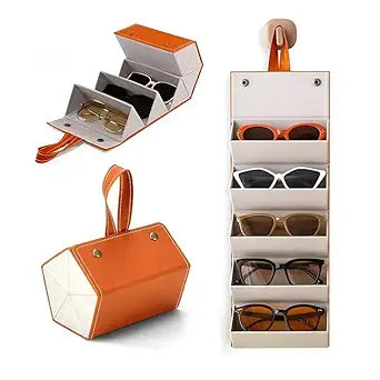 Sunglasses Organizer - Sunglass Case - Glasses Box - Specs Box - Goggles Holder - Eyewear shades Organiser, Leather Finish, Soft Velvet Lining, Travel-Friendly, Safe Hanging Straps