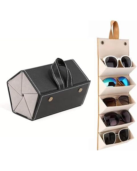 Sunglasses Organizer - Sunglass Case - Glasses Box - Specs Box - Goggles Holder - Eyewear shades Organiser, Leather Finish, Soft Velvet Lining, Travel-Friendly, Safe Hanging Straps