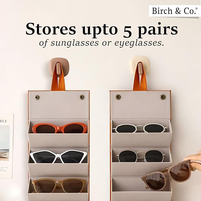 Sunglasses Organizer - Sunglass Case - Glasses Box - Specs Box - Goggles Holder - Eyewear shades Organiser, Leather Finish, Soft Velvet Lining, Travel-Friendly, Safe Hanging Straps