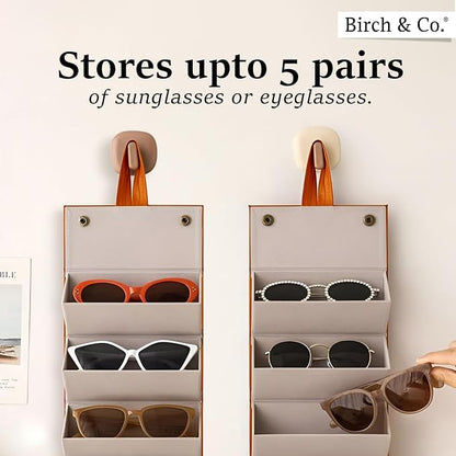 Sunglasses Organizer - Sunglass Case - Glasses Box - Specs Box - Goggles Holder - Eyewear shades Organiser, Leather Finish, Soft Velvet Lining, Travel-Friendly, Safe Hanging Straps