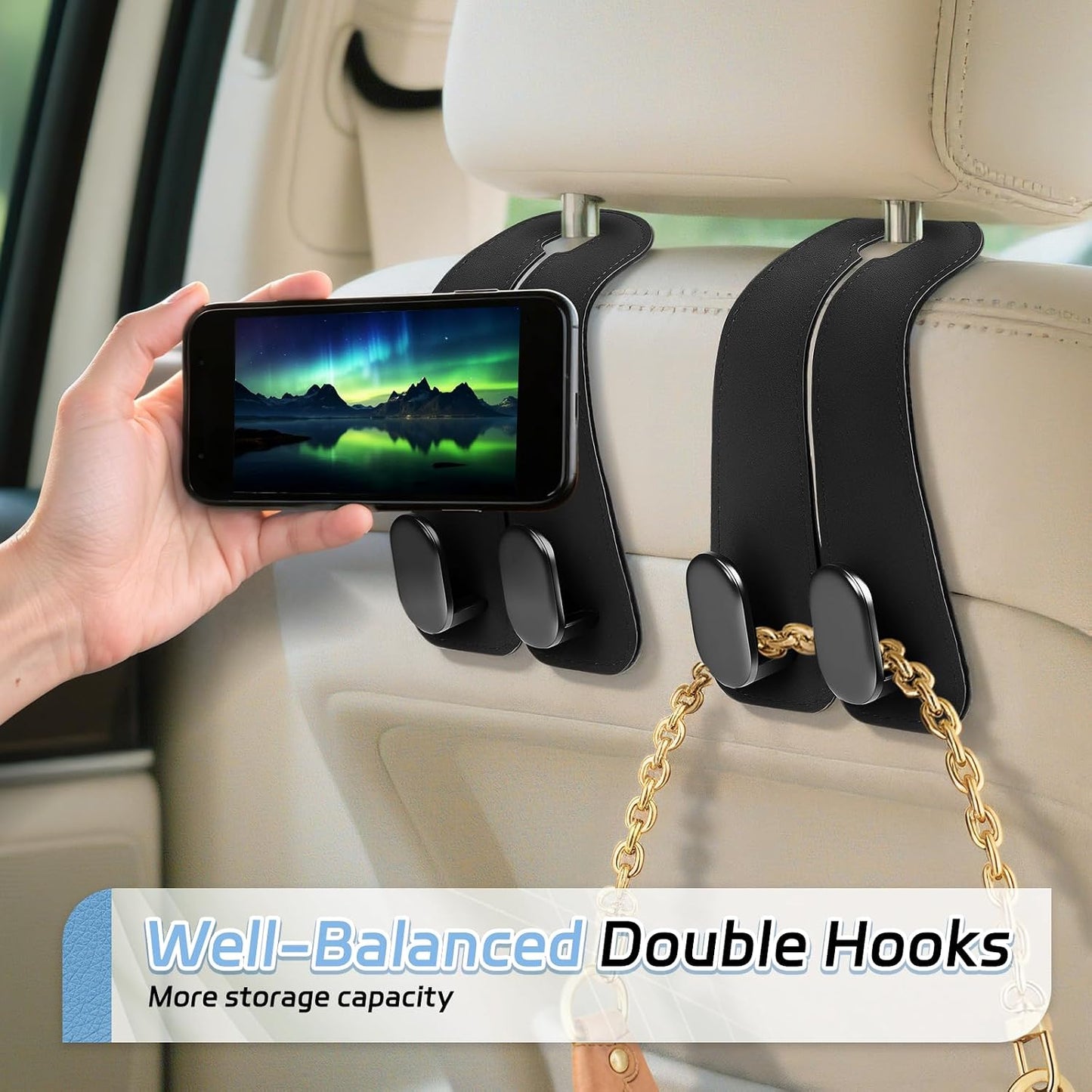 Car Seat Headrest Hooks, 2PCS Universal Car Purse Hook Leather Car Bag Hook