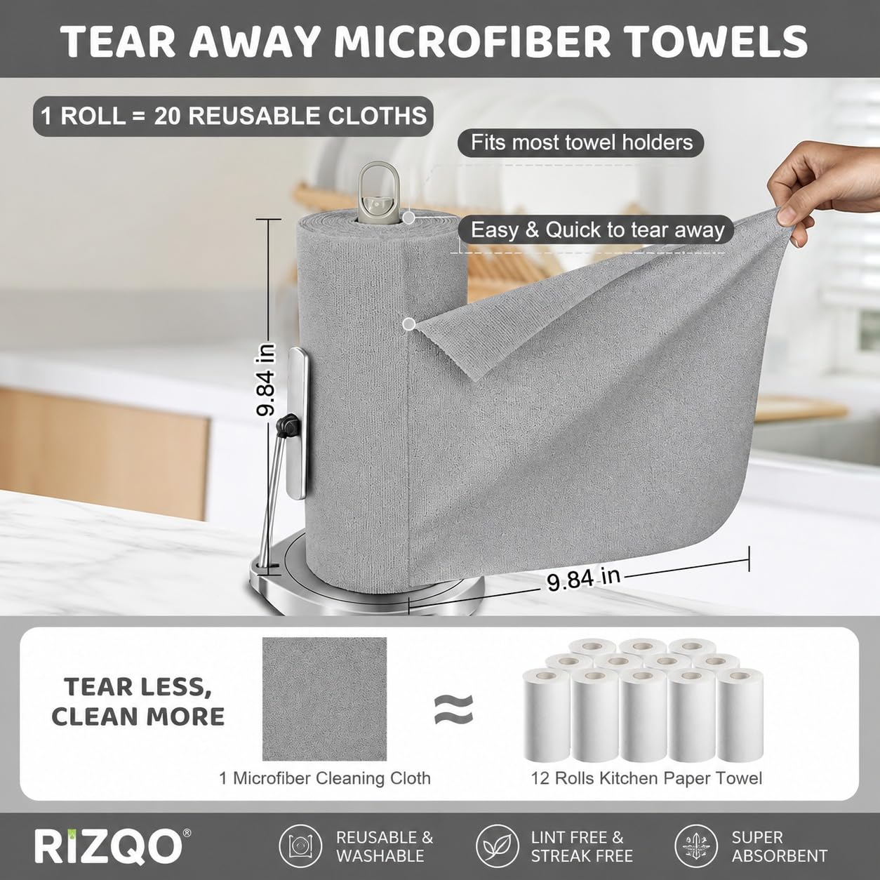 Microfiber Cleaning Cloth Roll | Reusable Kitchen Towel Roll (20 Sheets) | Lint-Free, Washable Microfiber Kitchen Cloth