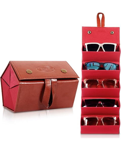 Sunglasses Organizer - Sunglass Case - Glasses Box - Specs Box - Goggles Holder - Eyewear shades Organiser, Leather Finish, Soft Velvet Lining, Travel-Friendly, Safe Hanging Straps